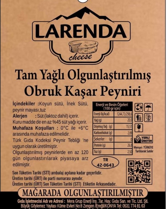 LARENDA OBRUK KAŞAR PEYNİRİ 500gr